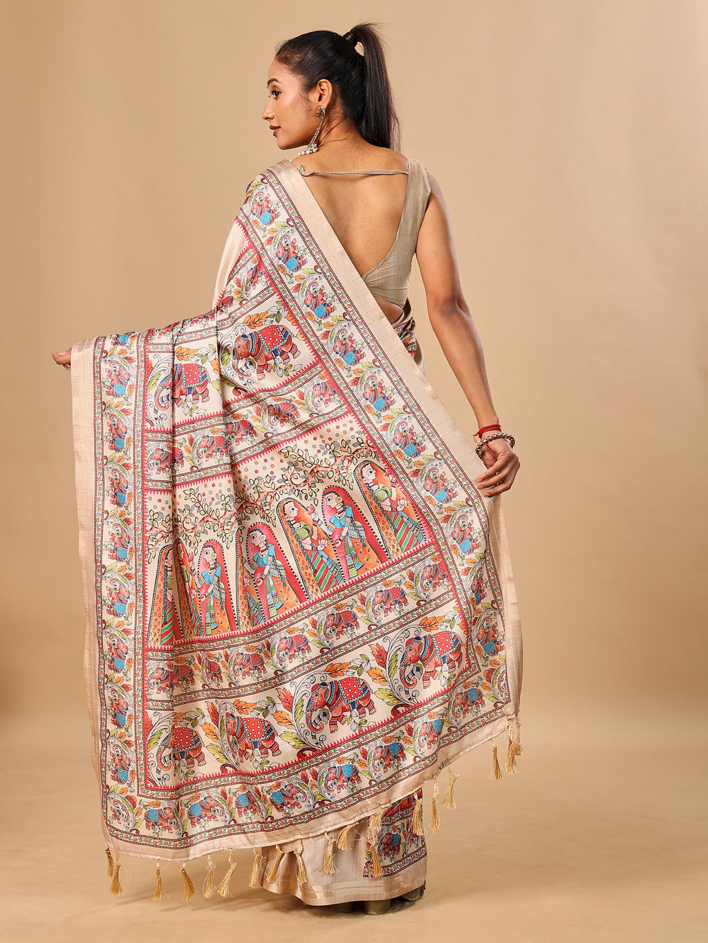 Cream Soft Tussar Silk Saree with Madhubani Digital Prints