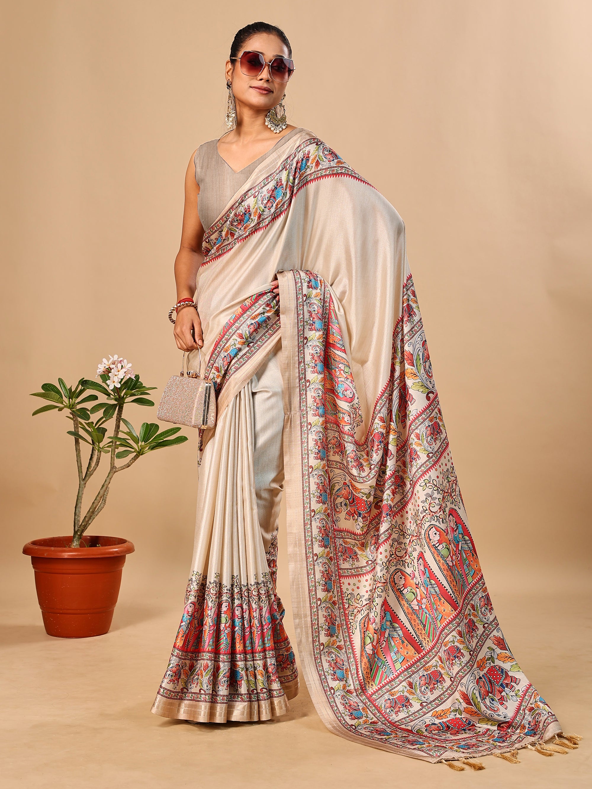 Cream Soft Tussar Silk Saree with Madhubani Digital Prints