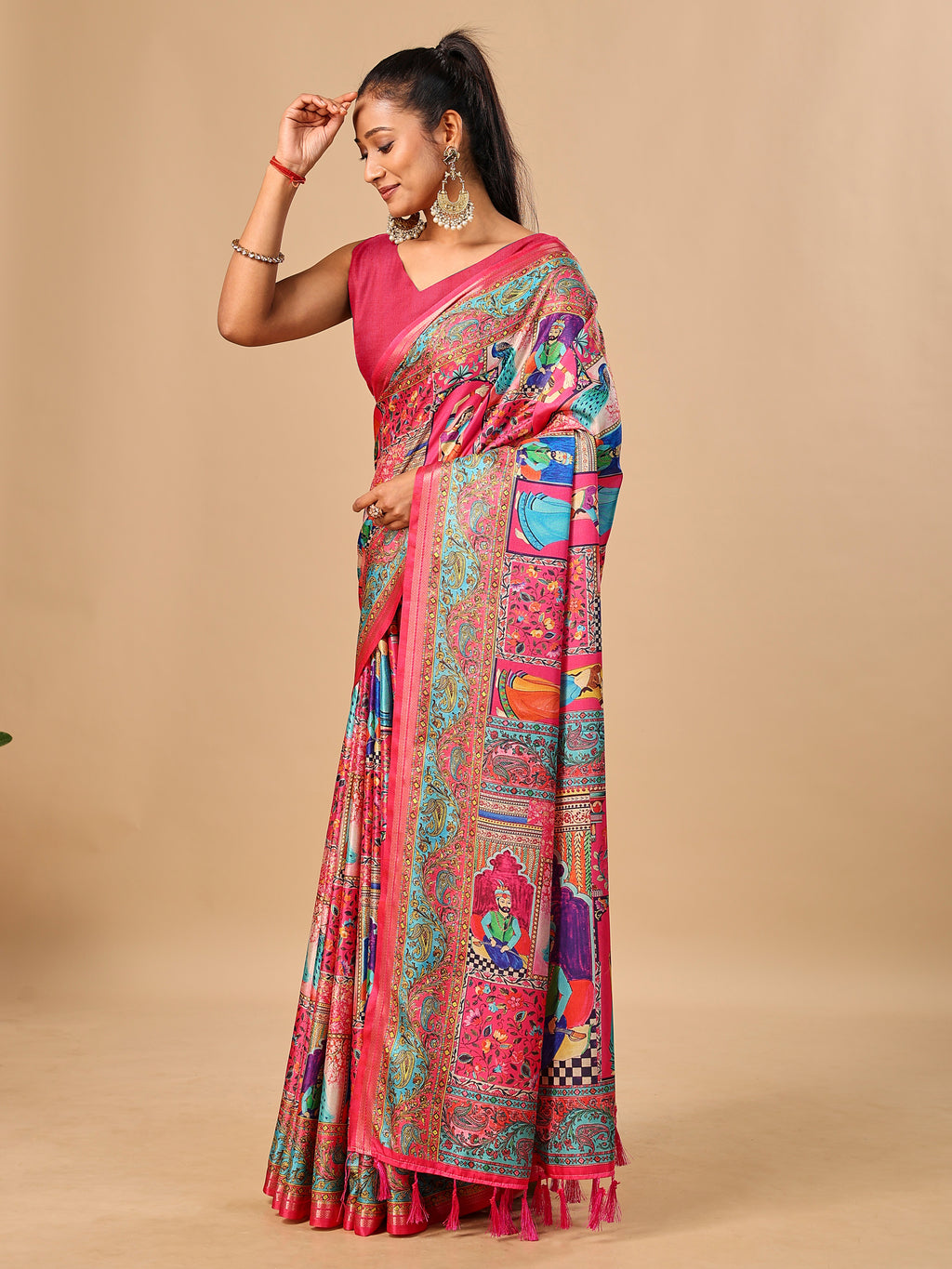 Pink Soft Tussar Silk Saree with Darbari Pashmina Digital Prints