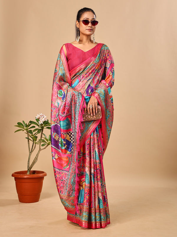 Pink Soft Tussar Silk Saree with Darbari Pashmina Digital Prints