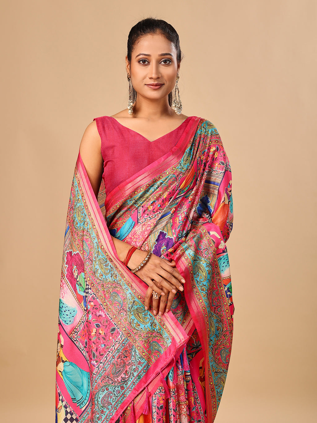 Pink Soft Tussar Silk Saree with Darbari Pashmina Digital Prints