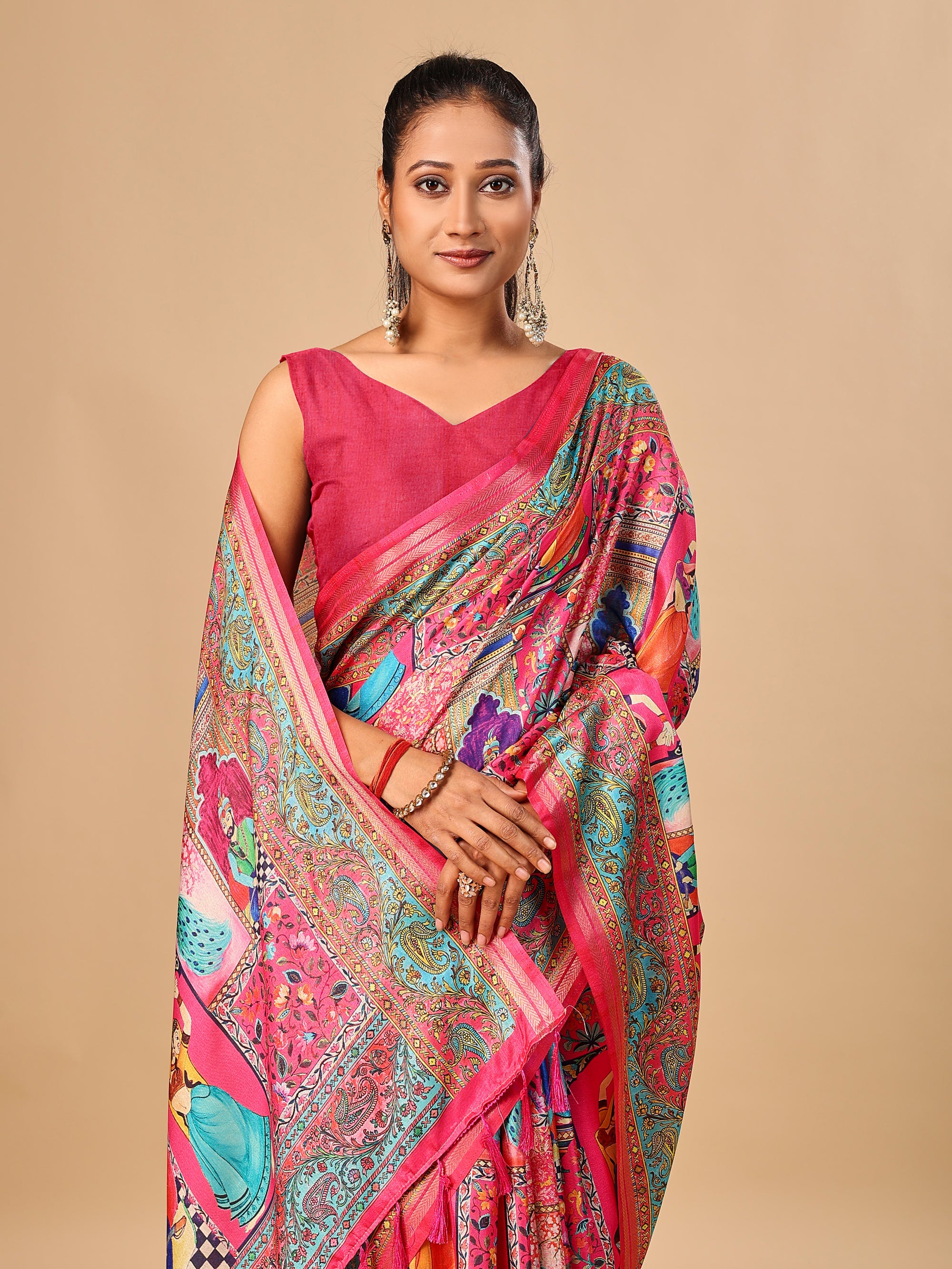 Pink Soft Tussar Silk Saree with Darbari Pashmina Digital Prints