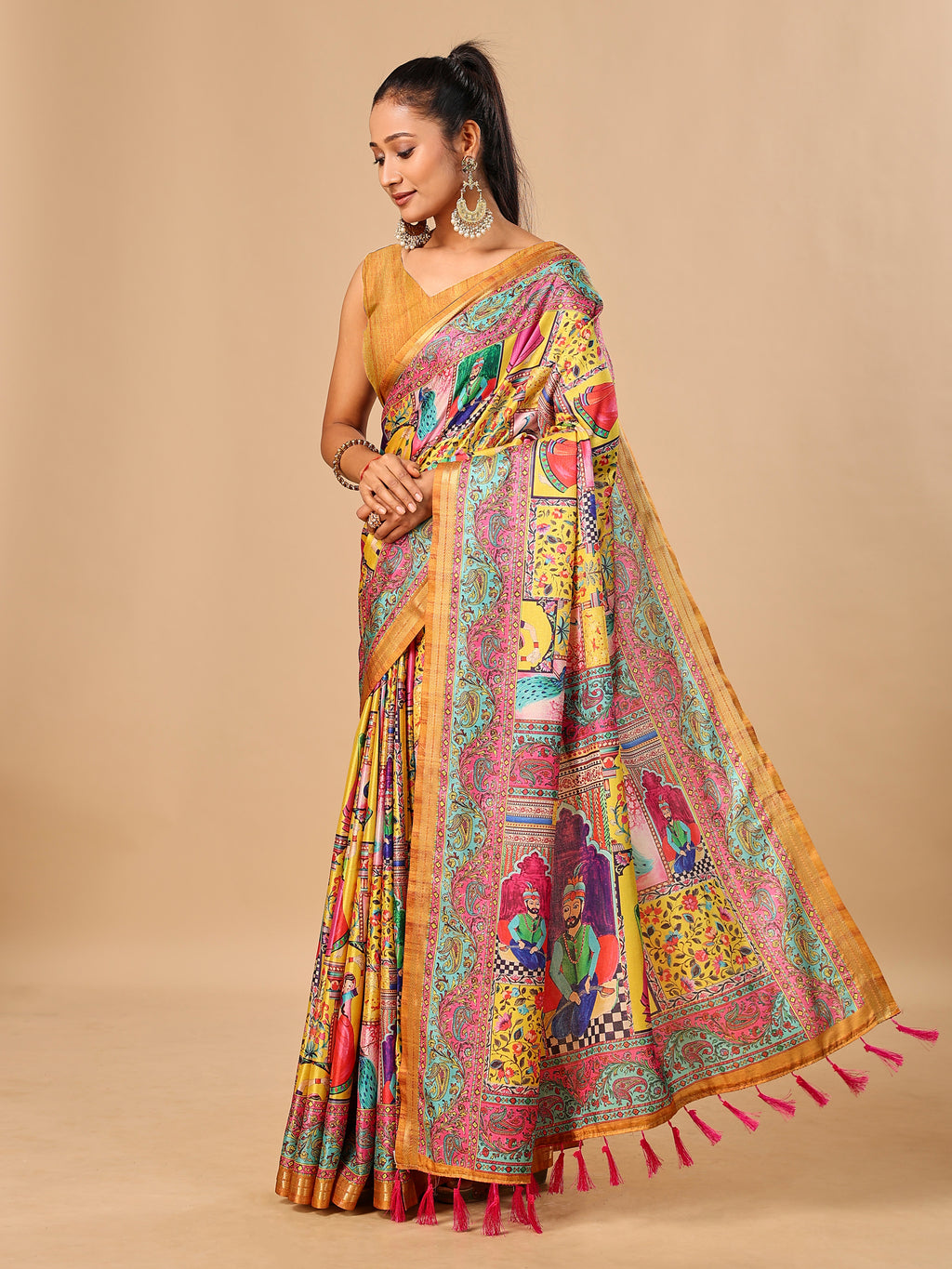 Mustard Soft Tussar Silk Saree with Darbari Pashmina Digital Prints