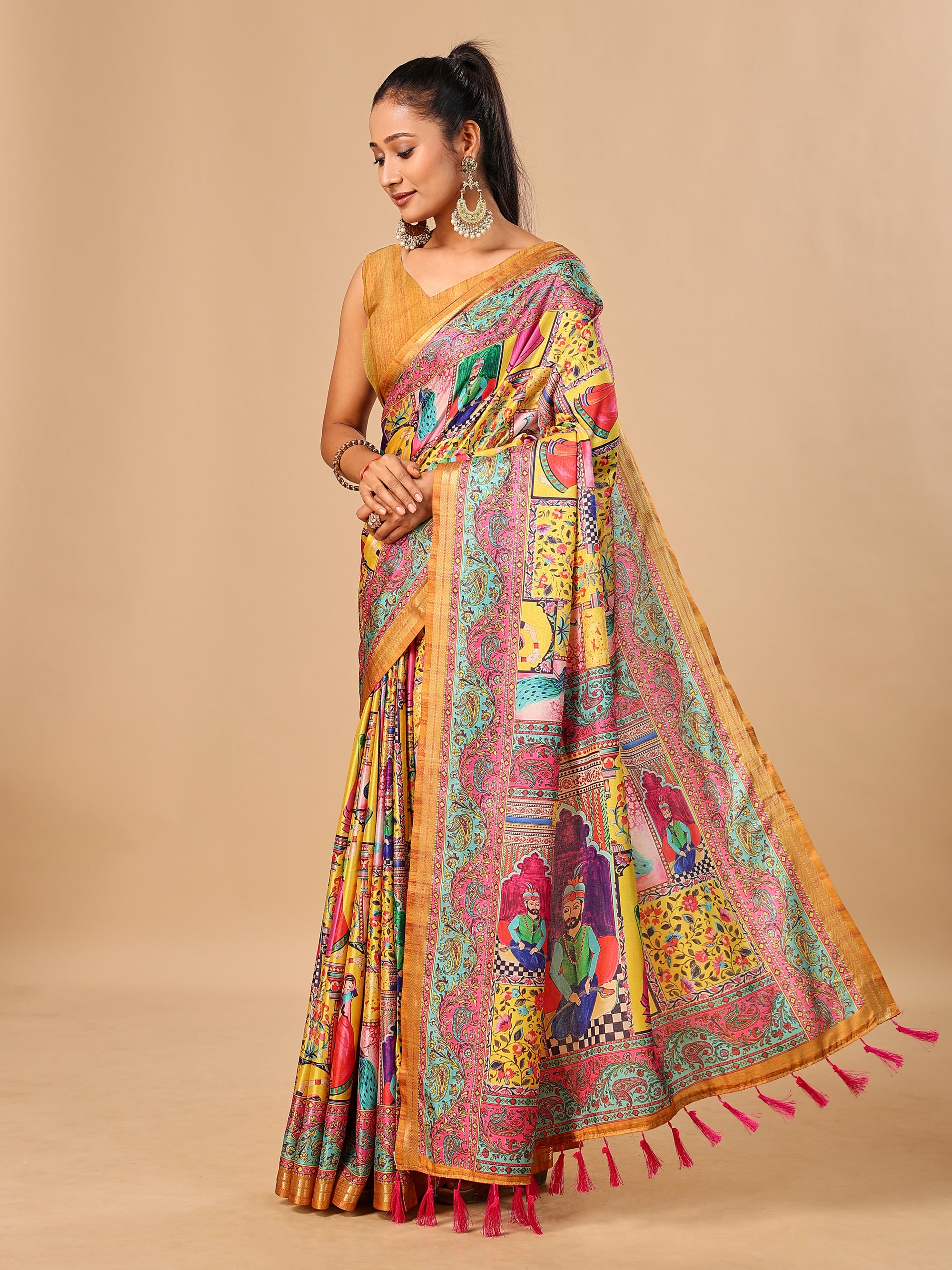 Mustard Soft Tussar Silk Saree with Darbari Pashmina Digital Prints