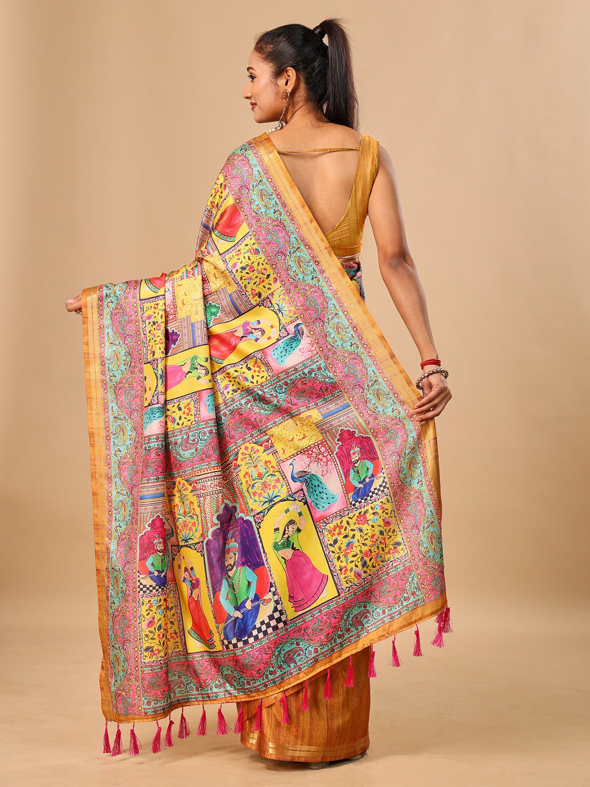 Mustard Soft Tussar Silk Saree with Darbari Pashmina Digital Prints