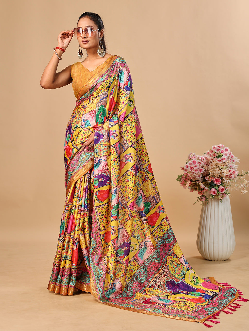 Mustard Soft Tussar Silk Saree with Darbari Pashmina Digital Prints