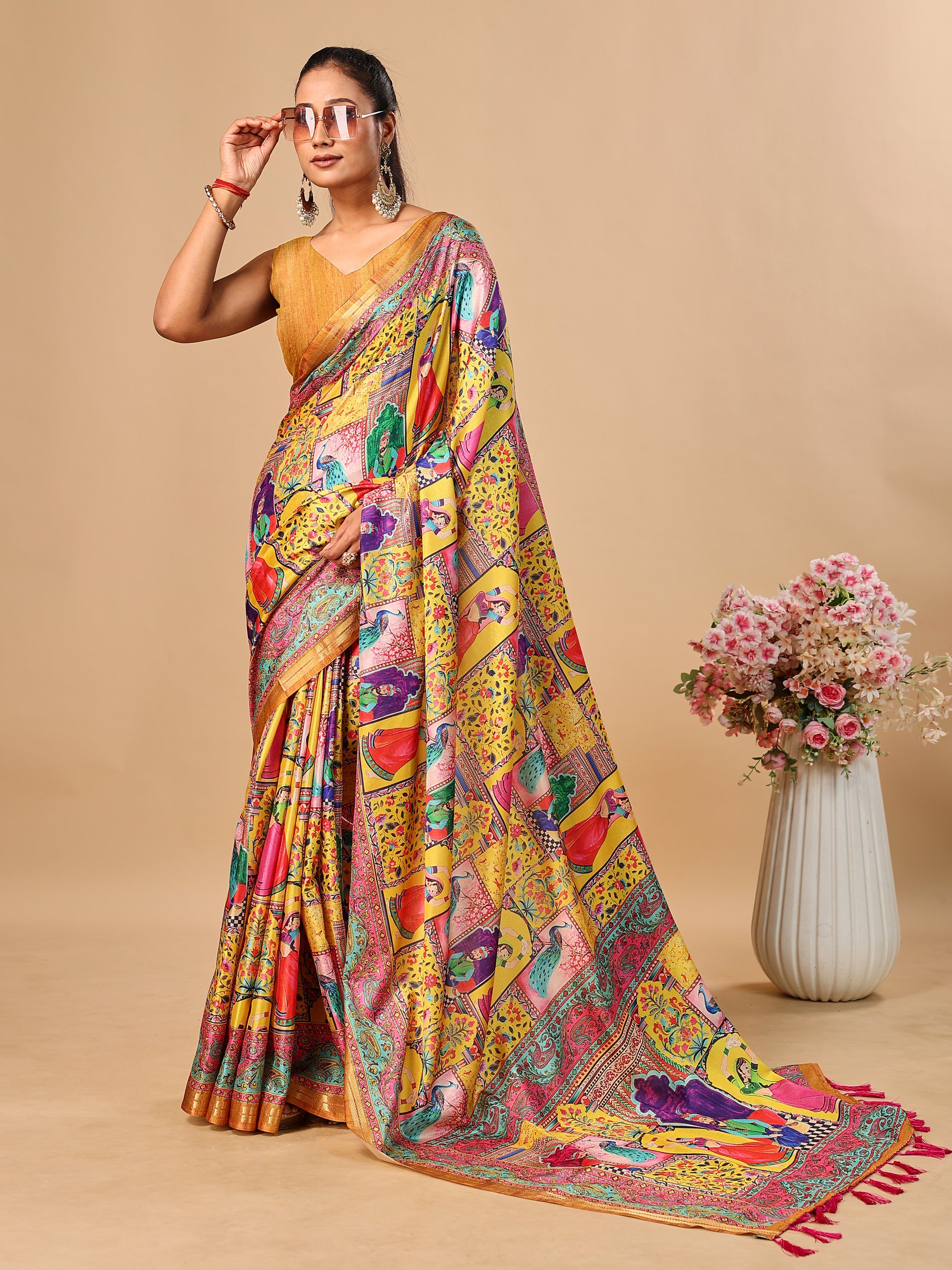 Mustard Soft Tussar Silk Saree with Darbari Pashmina Digital Prints