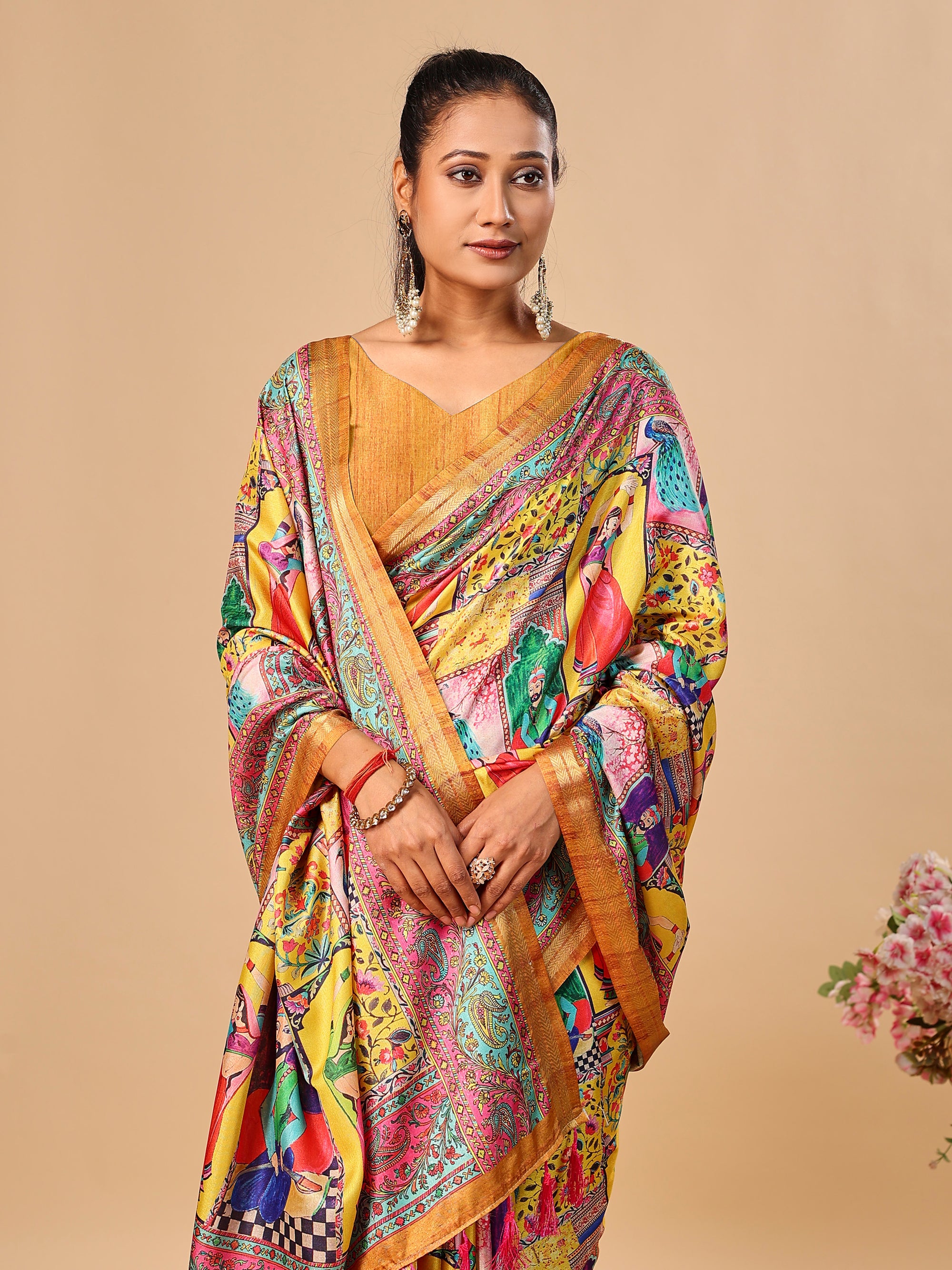 Mustard Soft Tussar Silk Saree with Darbari Pashmina Digital Prints