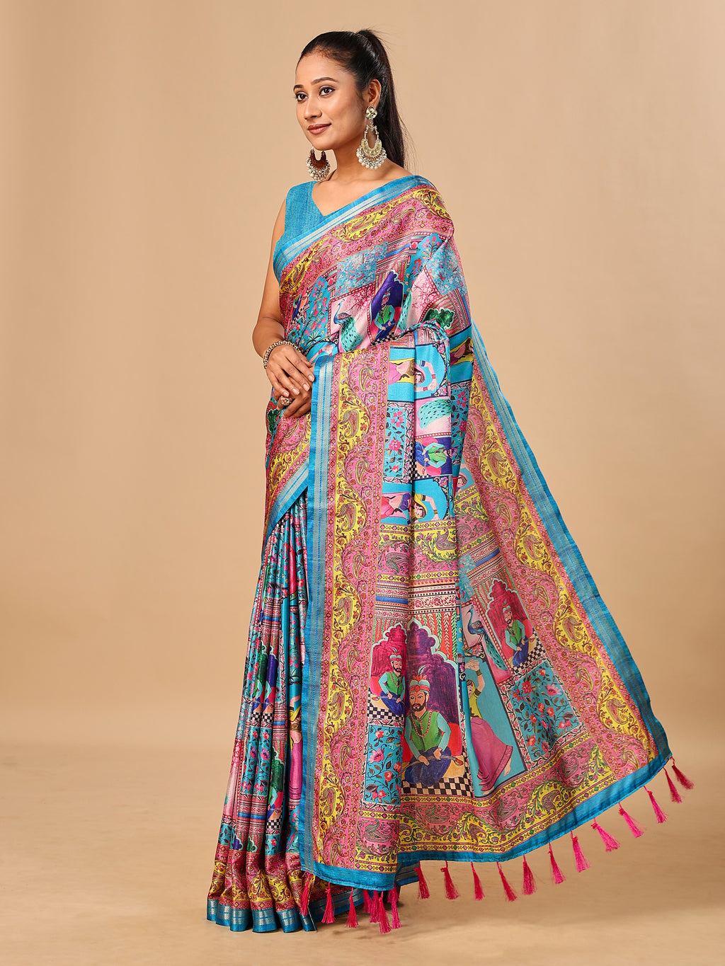 Blue Soft Tussar Silk Saree with Darbari Pashmina Digital Prints