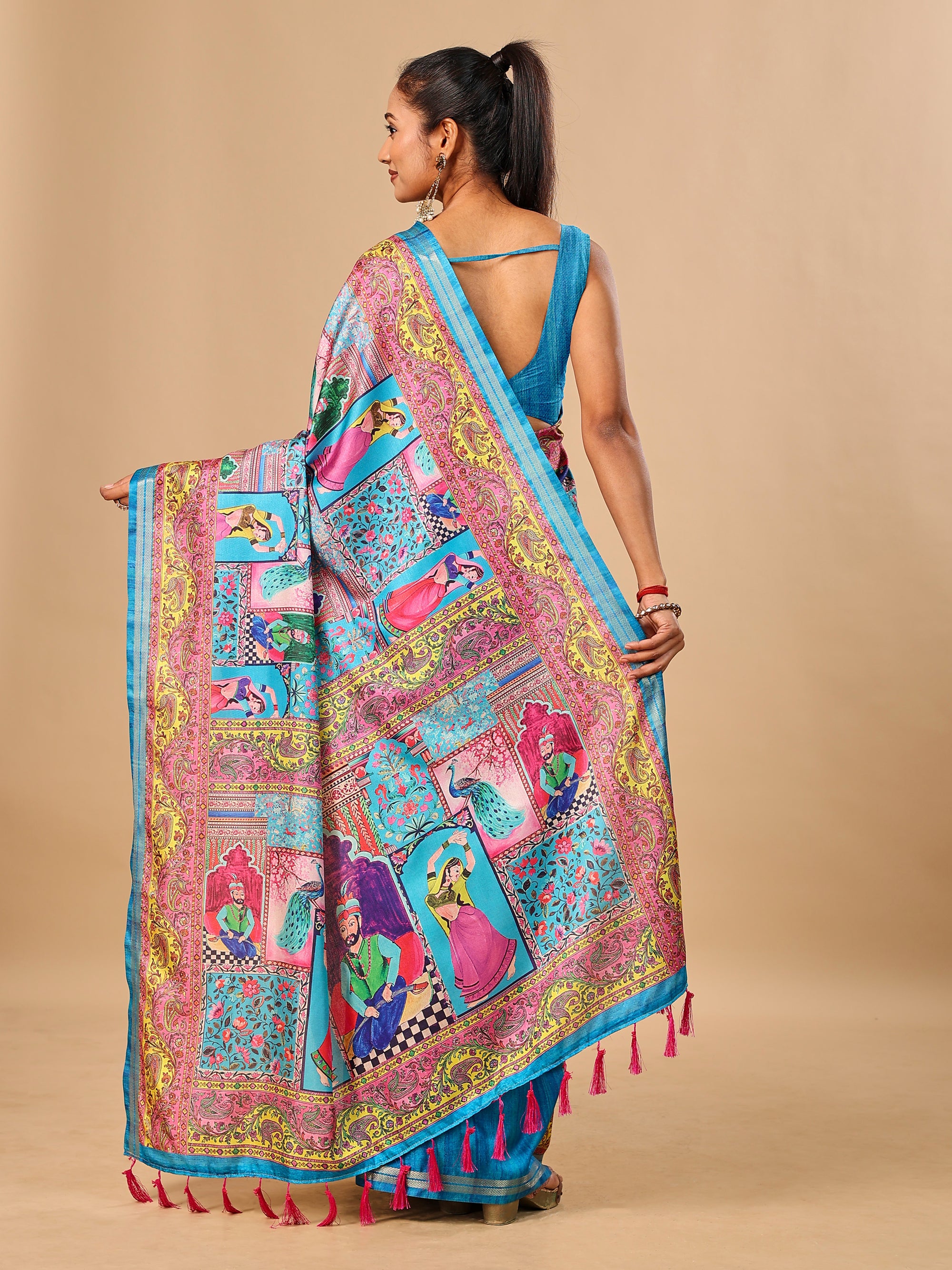 Blue Soft Tussar Silk Saree with Darbari Pashmina Digital Prints