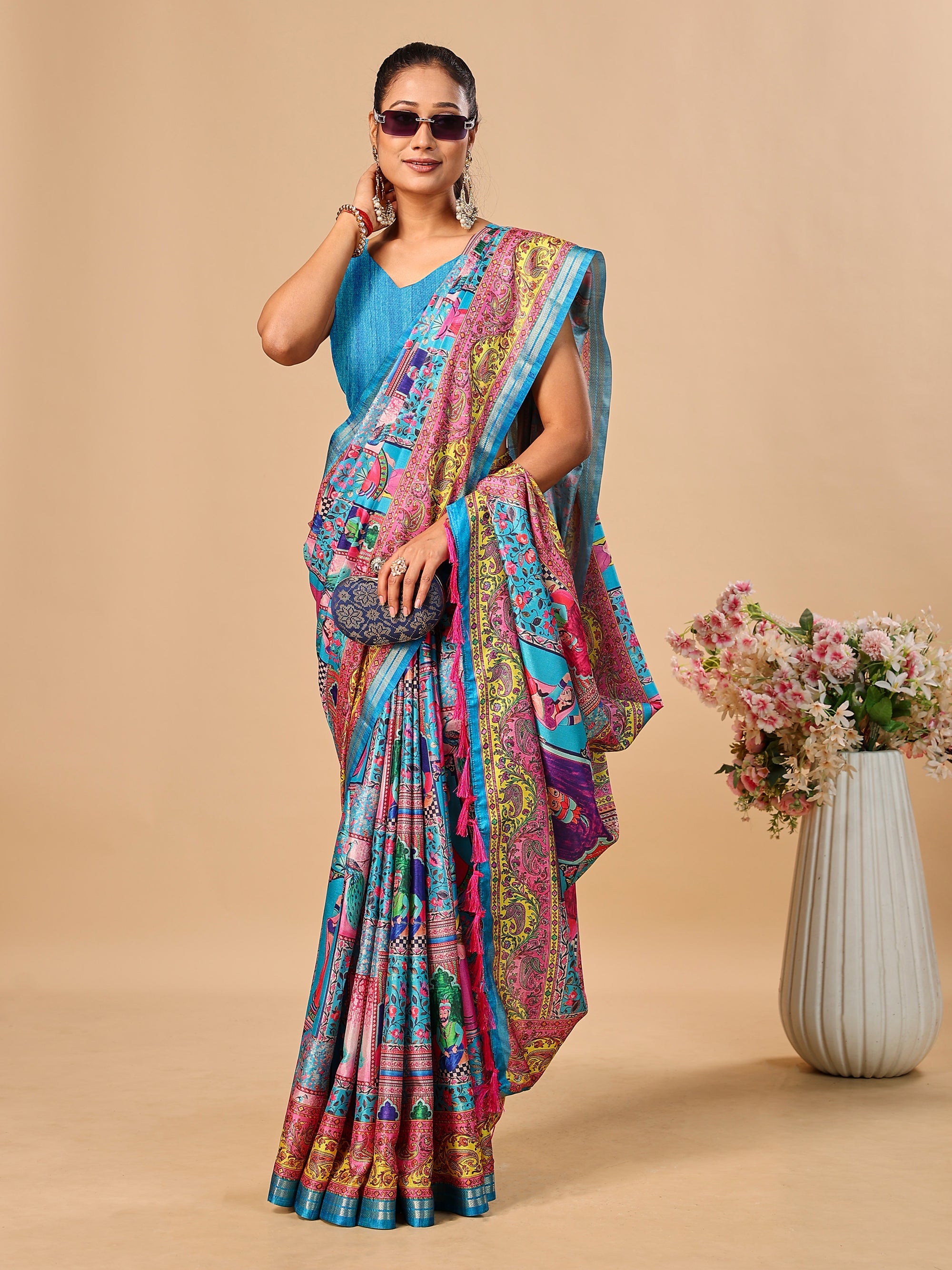 Blue Soft Tussar Silk Saree with Darbari Pashmina Digital Prints