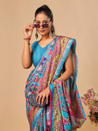 Blue Soft Tussar Silk Saree with Darbari Pashmina Digital Prints