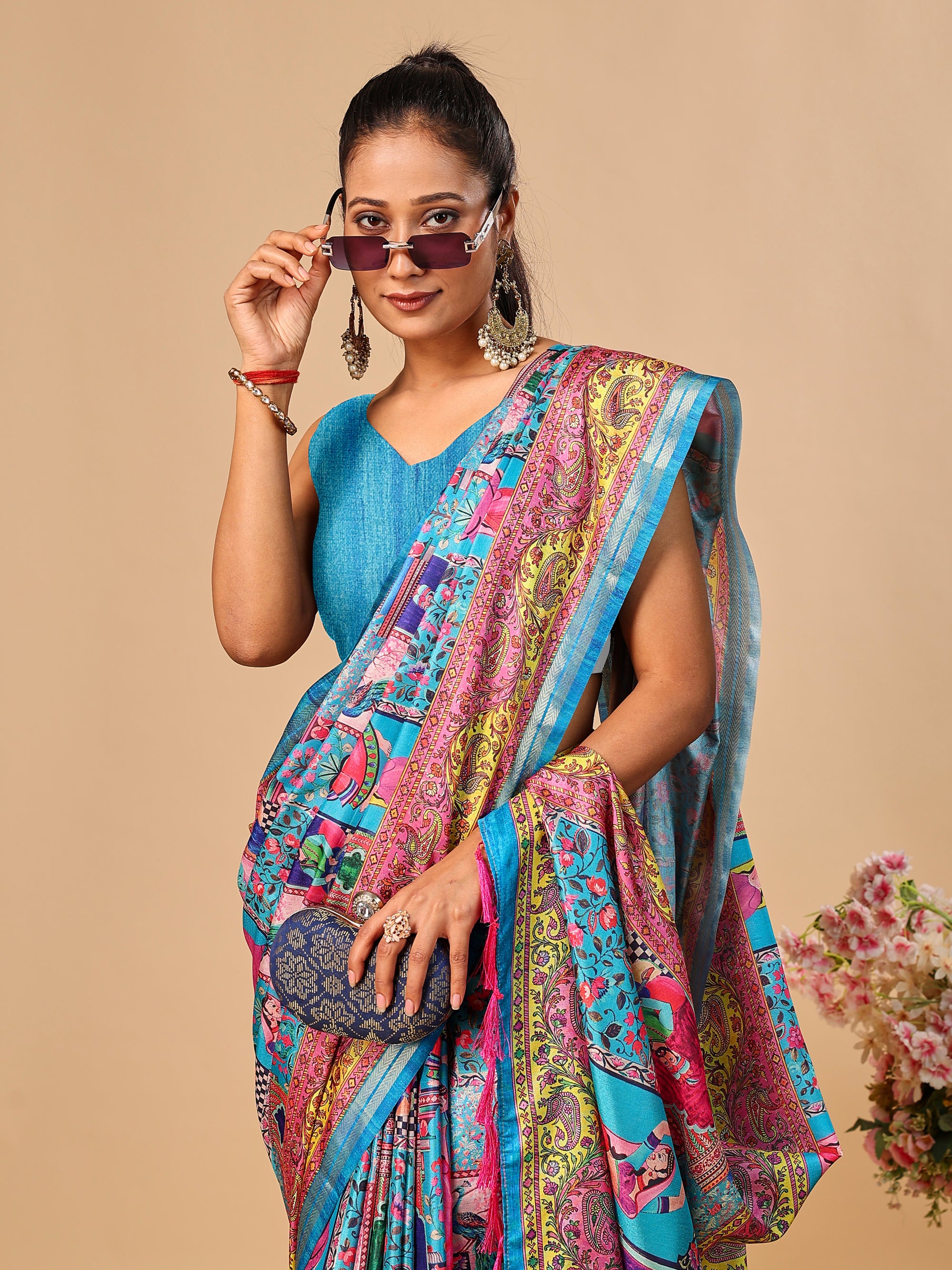 Blue Soft Tussar Silk Saree with Darbari Pashmina Digital Prints