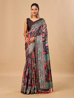 Black Soft Tussar Silk Saree with Darbari Pashmina Digital Prints