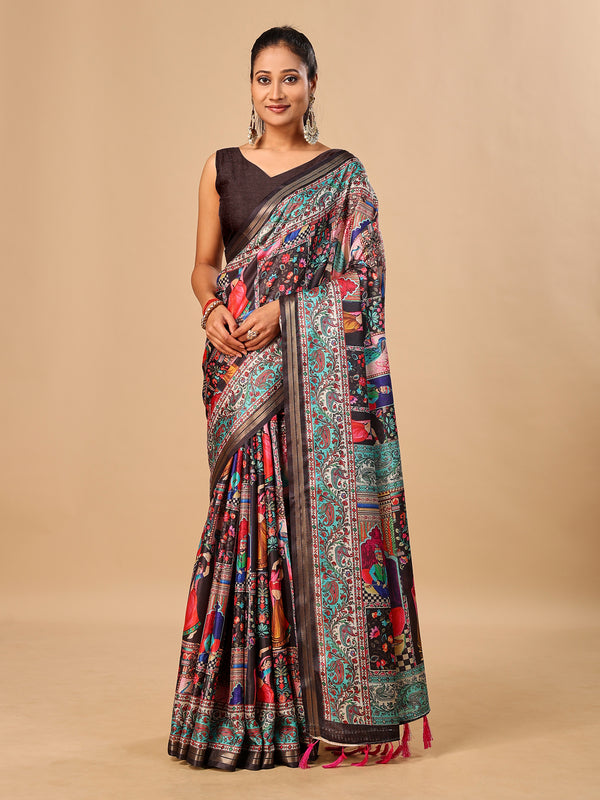 Black Soft Tussar Silk Saree with Darbari Pashmina Digital Prints
