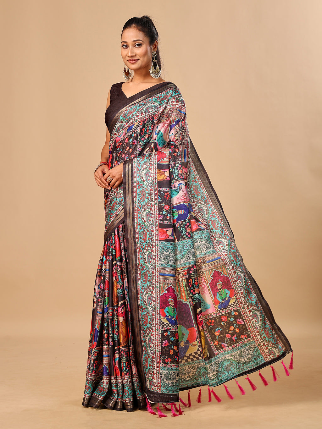 Black Soft Tussar Silk Saree with Darbari Pashmina Digital Prints