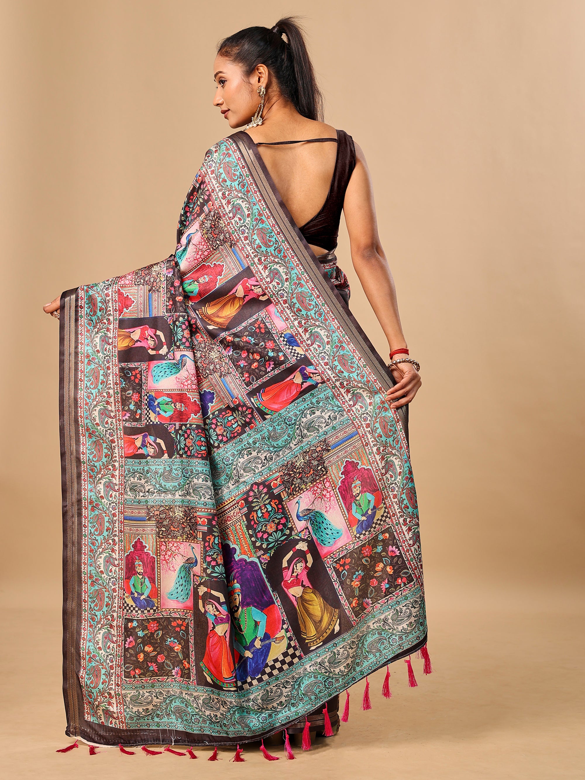 Black Soft Tussar Silk Saree with Darbari Pashmina Digital Prints