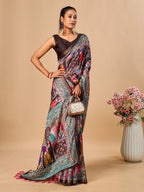 Black Soft Tussar Silk Saree with Darbari Pashmina Digital Prints