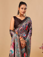 Black Soft Tussar Silk Saree with Darbari Pashmina Digital Prints