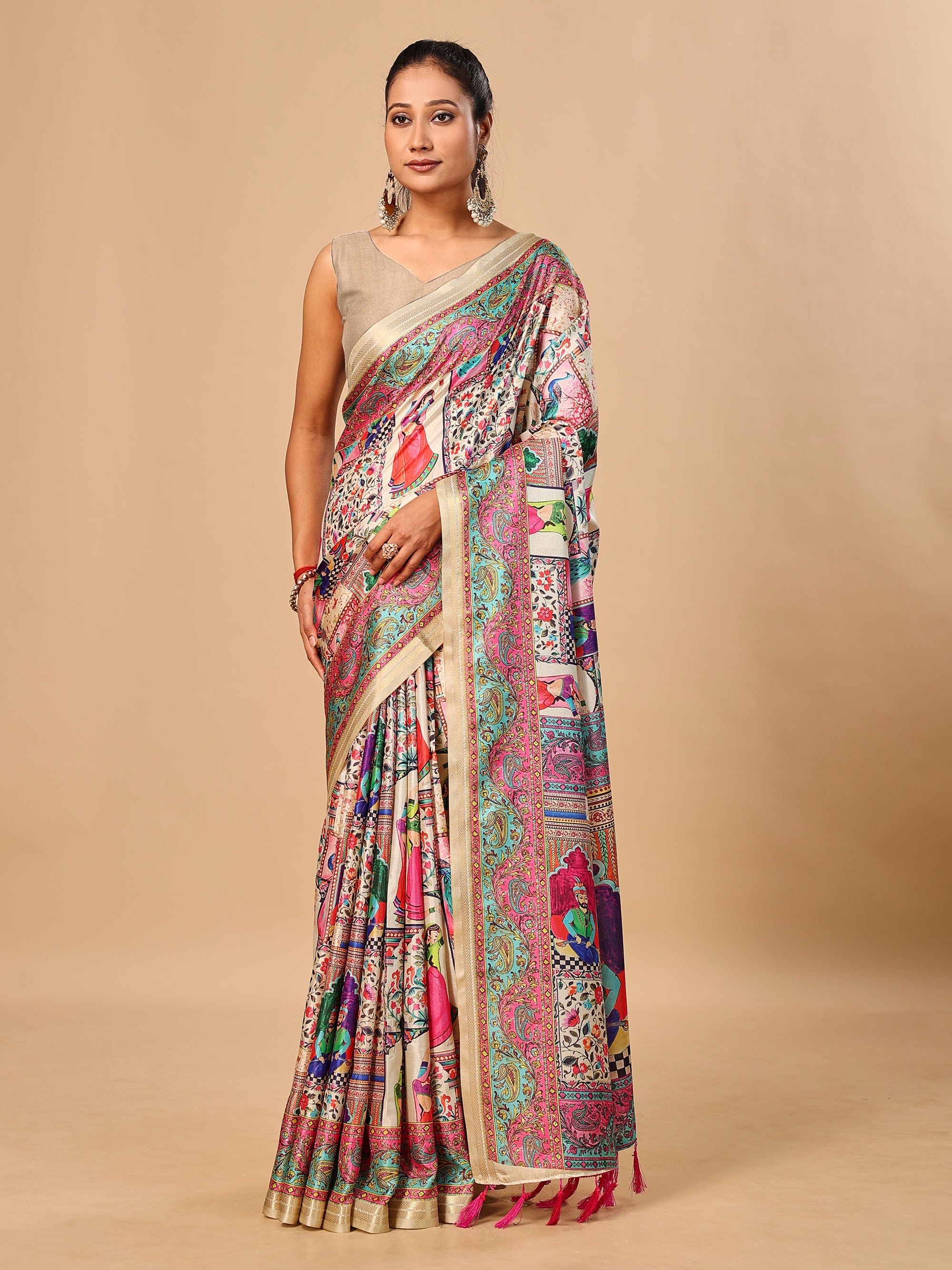 Cream Soft Tussar Silk Saree with Darbari Pashmina Digital Prints