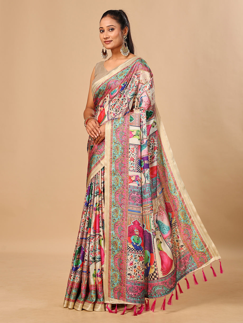 Cream Soft Tussar Silk Saree with Darbari Pashmina Digital Prints