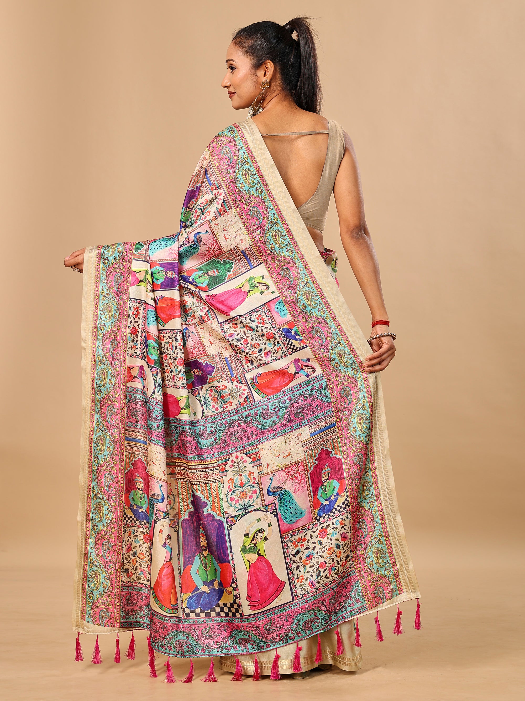 Cream Soft Tussar Silk Saree with Darbari Pashmina Digital Prints