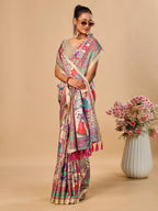 Cream Soft Tussar Silk Saree with Darbari Pashmina Digital Prints