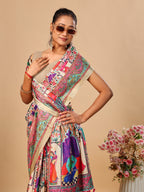 Cream Soft Tussar Silk Saree with Darbari Pashmina Digital Prints