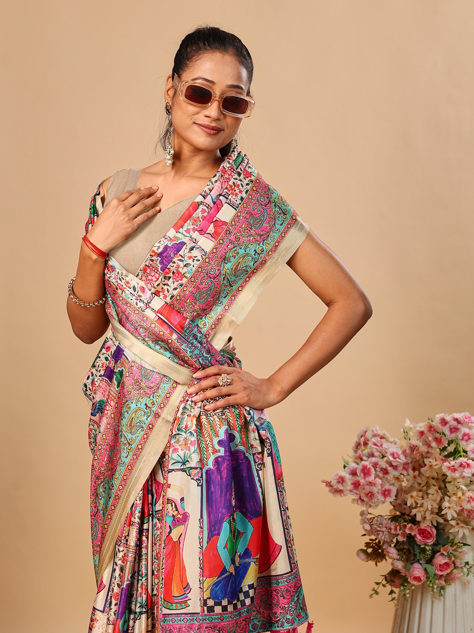 Cream Soft Tussar Silk Saree with Darbari Pashmina Digital Prints