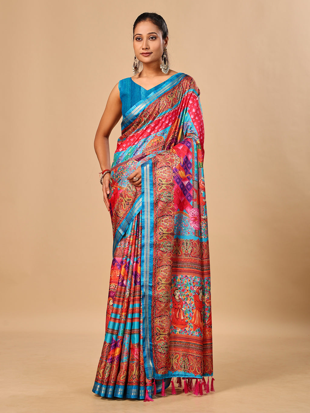 Blue Soft Tussar Silk Saree with Position Pashmina Digital Prints