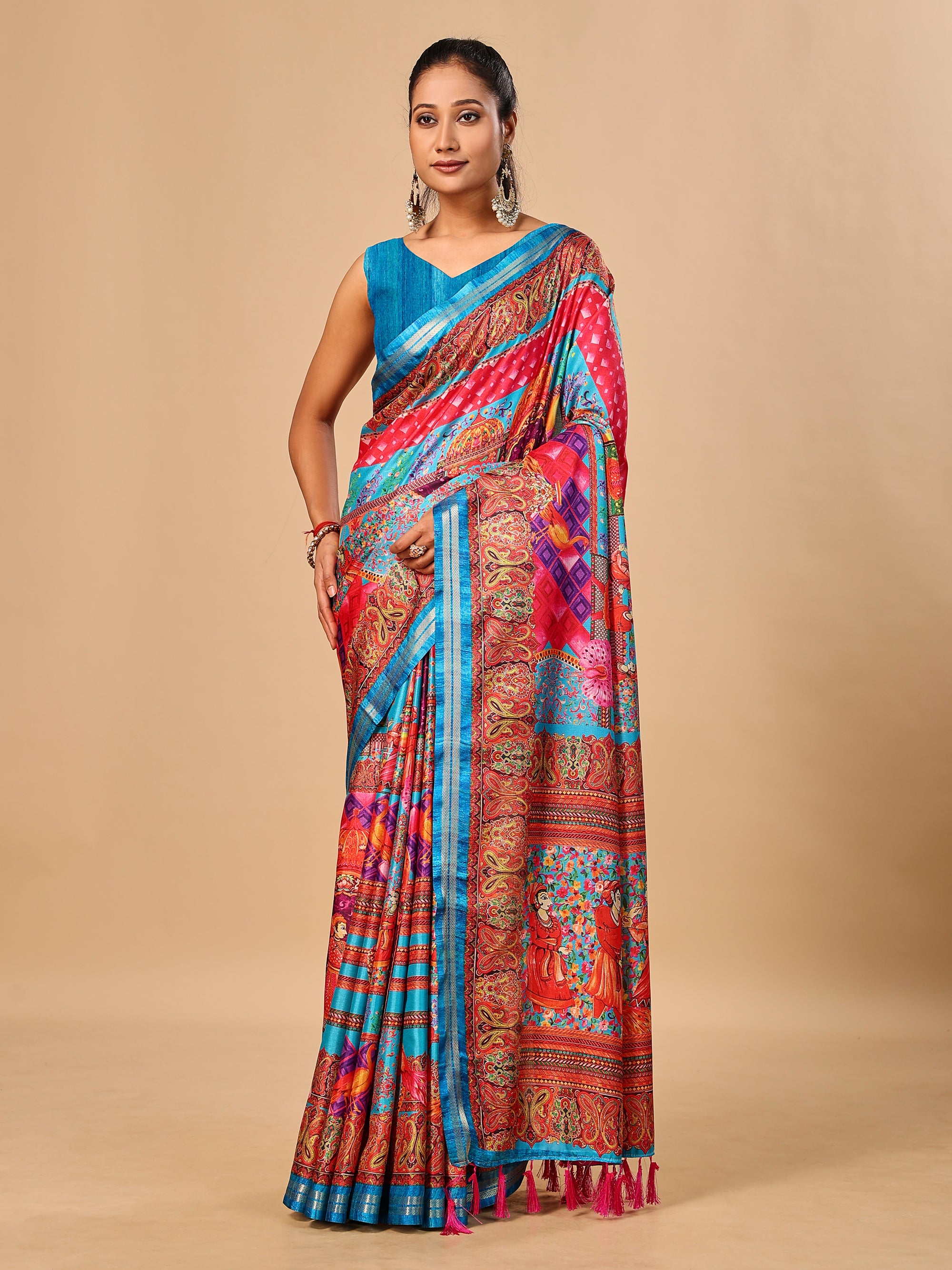 Blue Soft Tussar Silk Saree with Position Pashmina Digital Prints