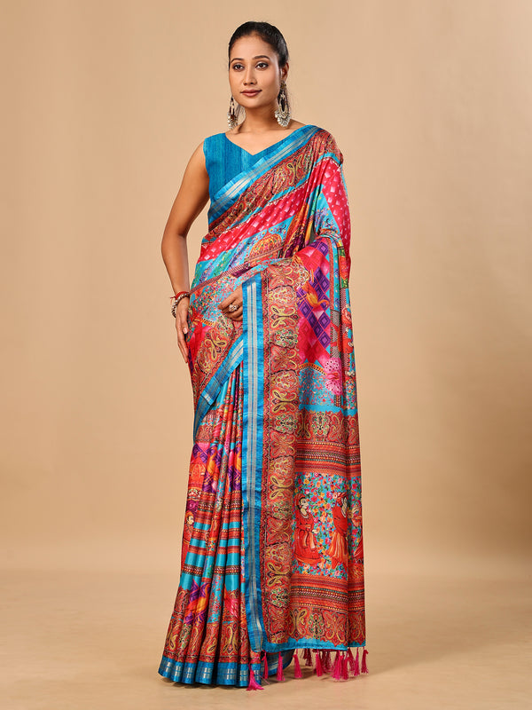 Blue Soft Tussar Silk Saree with Position Pashmina Digital Prints