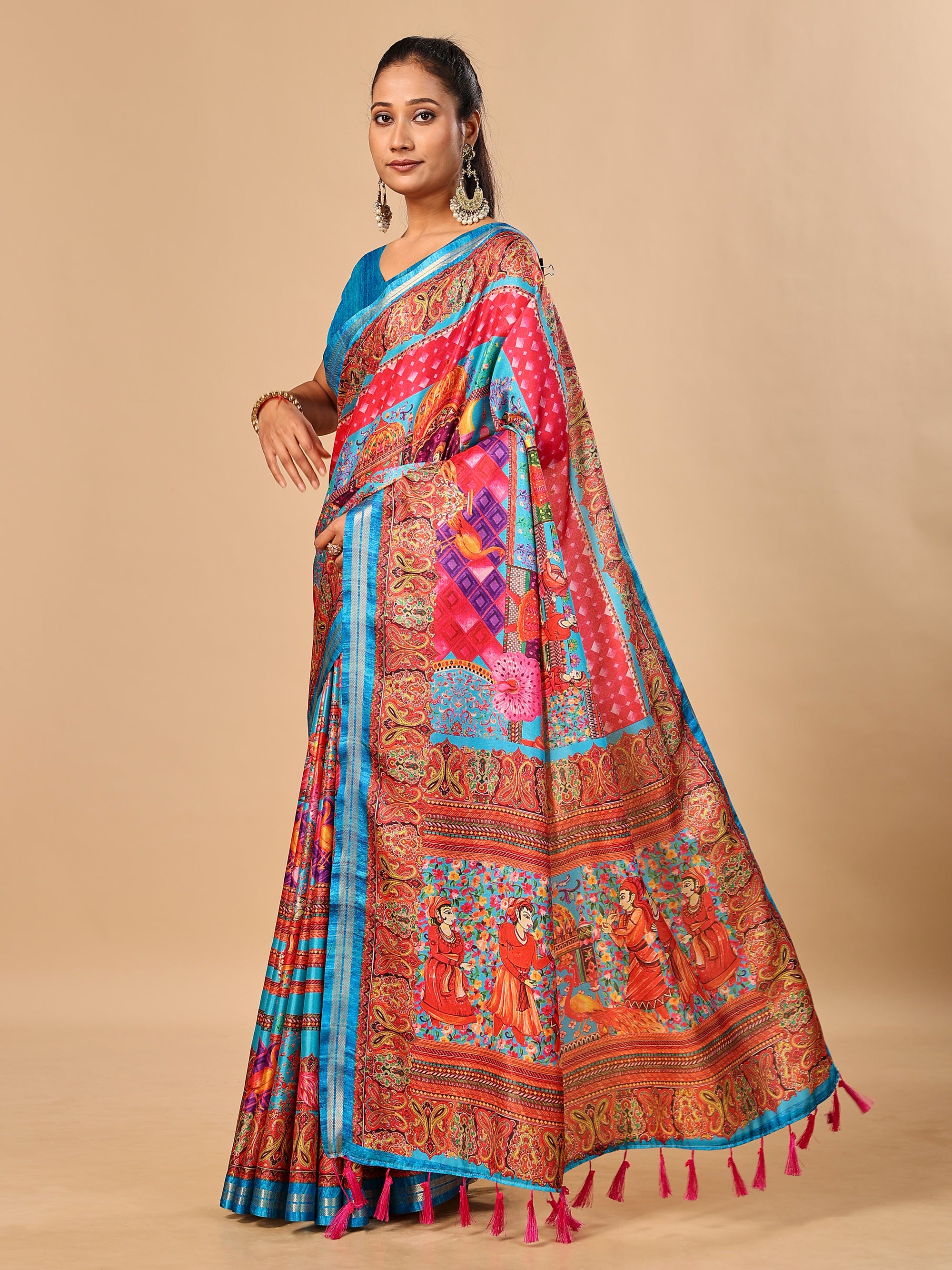 Blue Soft Tussar Silk Saree with Position Pashmina Digital Prints