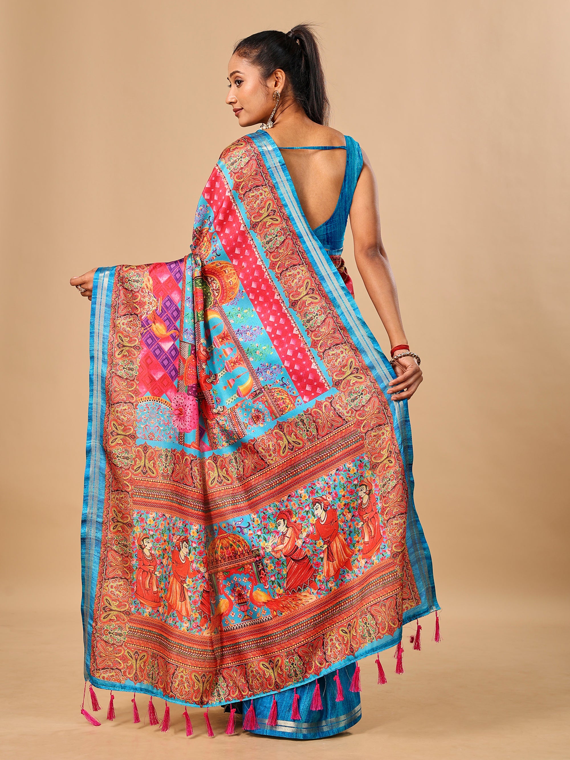 Blue Soft Tussar Silk Saree with Position Pashmina Digital Prints