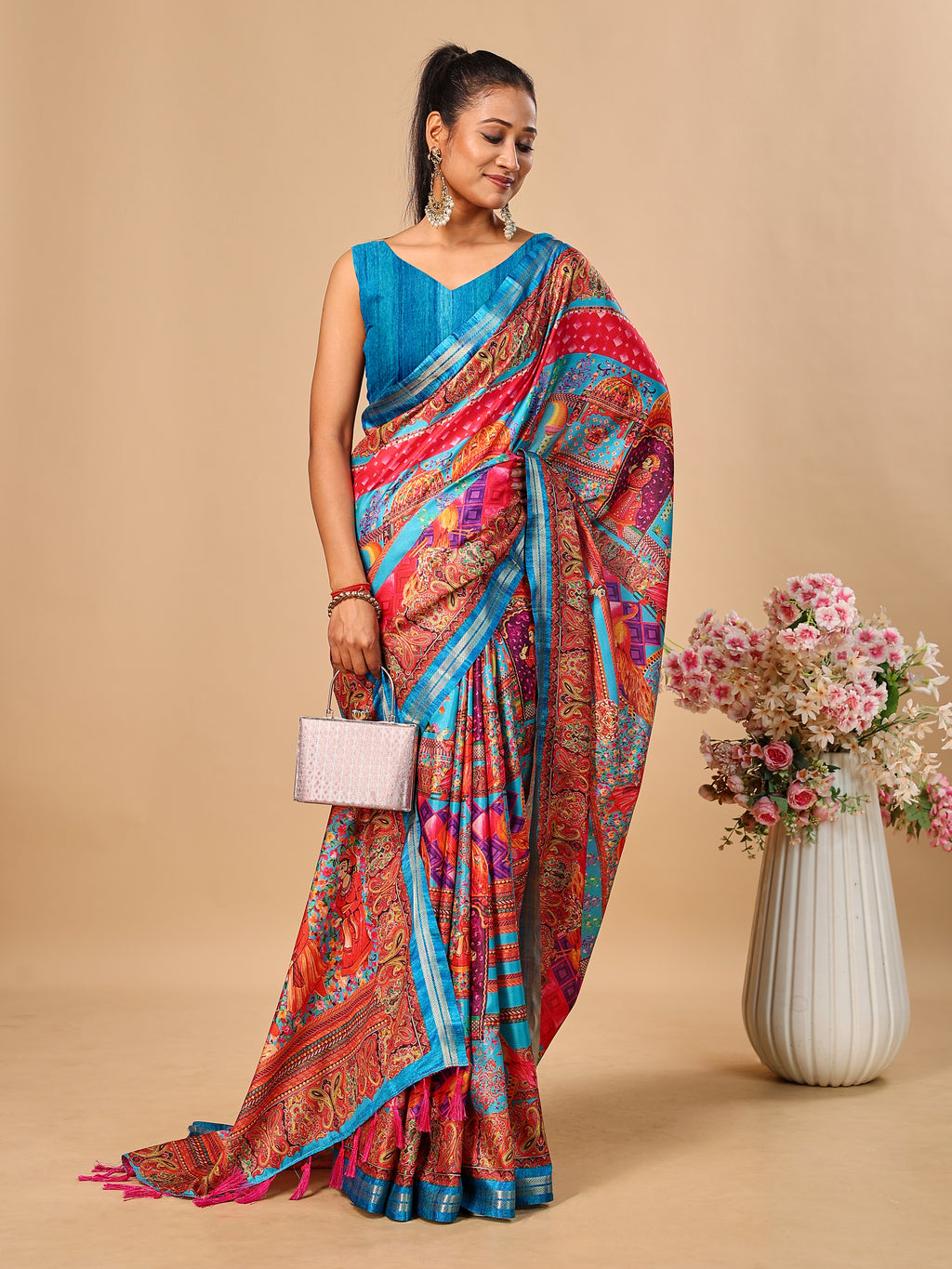 Blue Soft Tussar Silk Saree with Position Pashmina Digital Prints