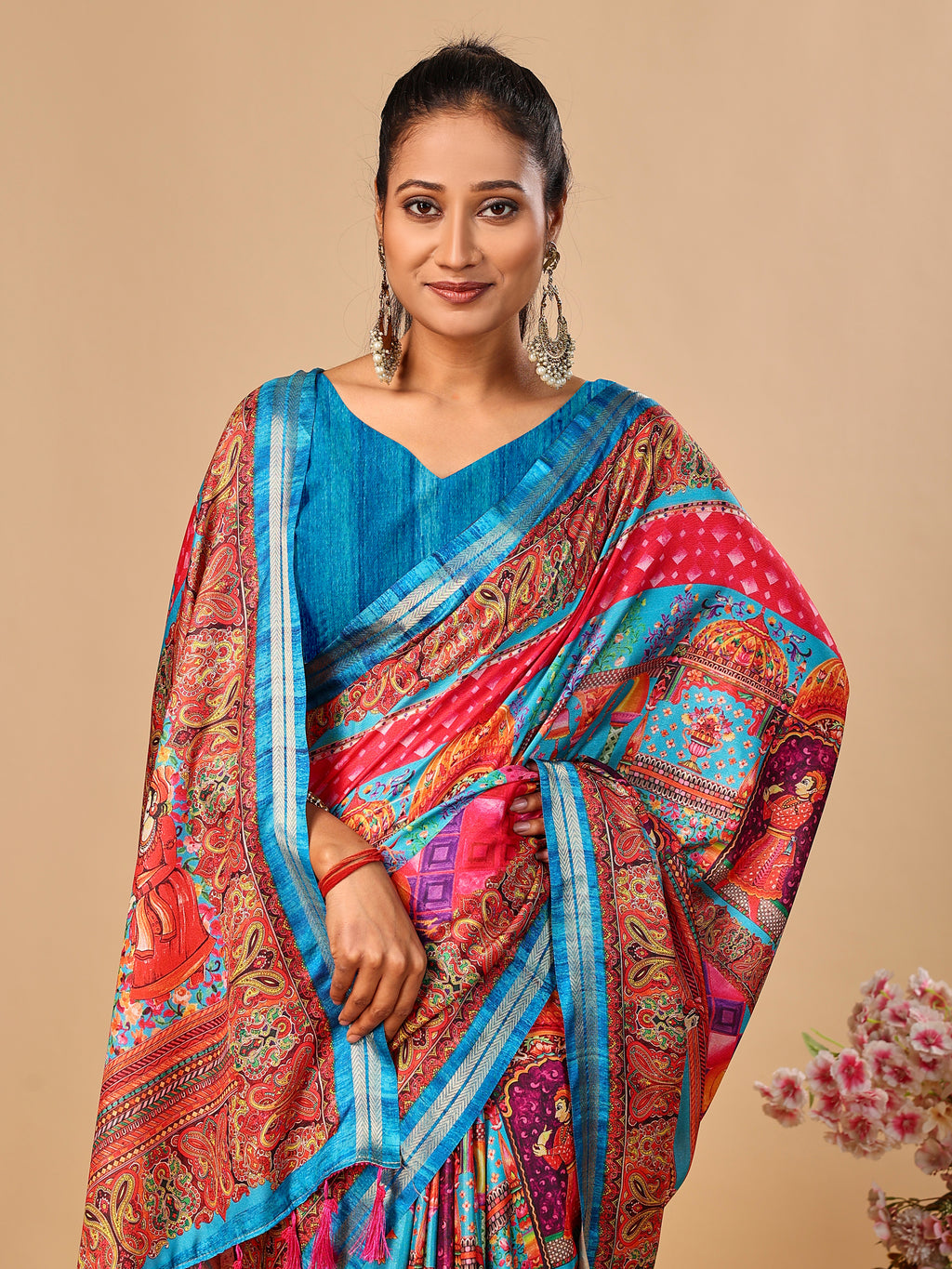Blue Soft Tussar Silk Saree with Position Pashmina Digital Prints