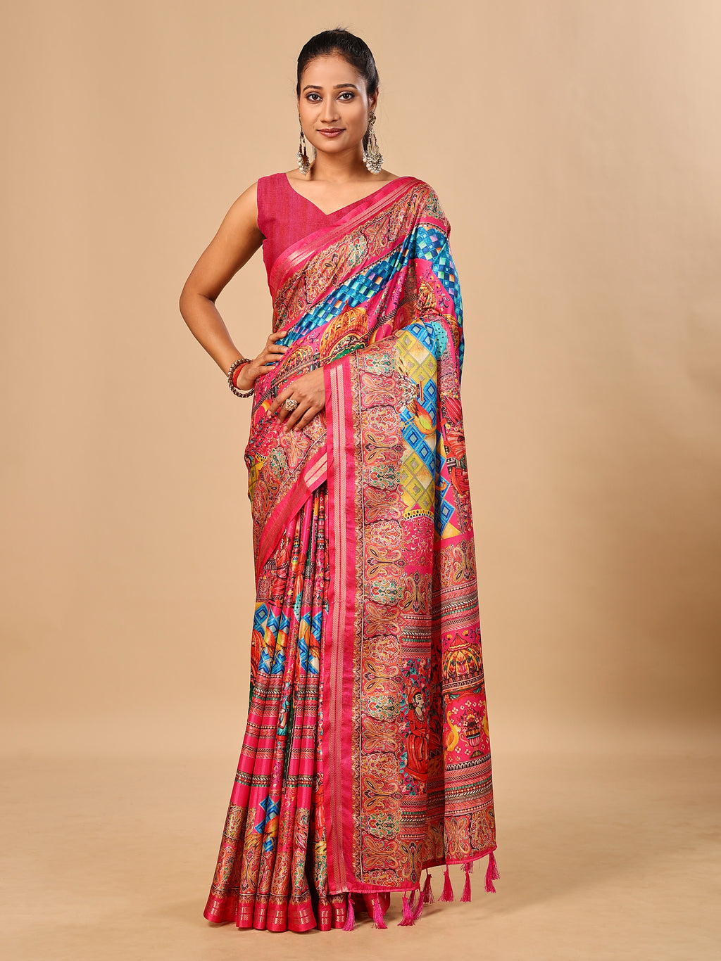 Hot Pink Soft Tussar Silk Saree with Position Pashmina Digital Prints