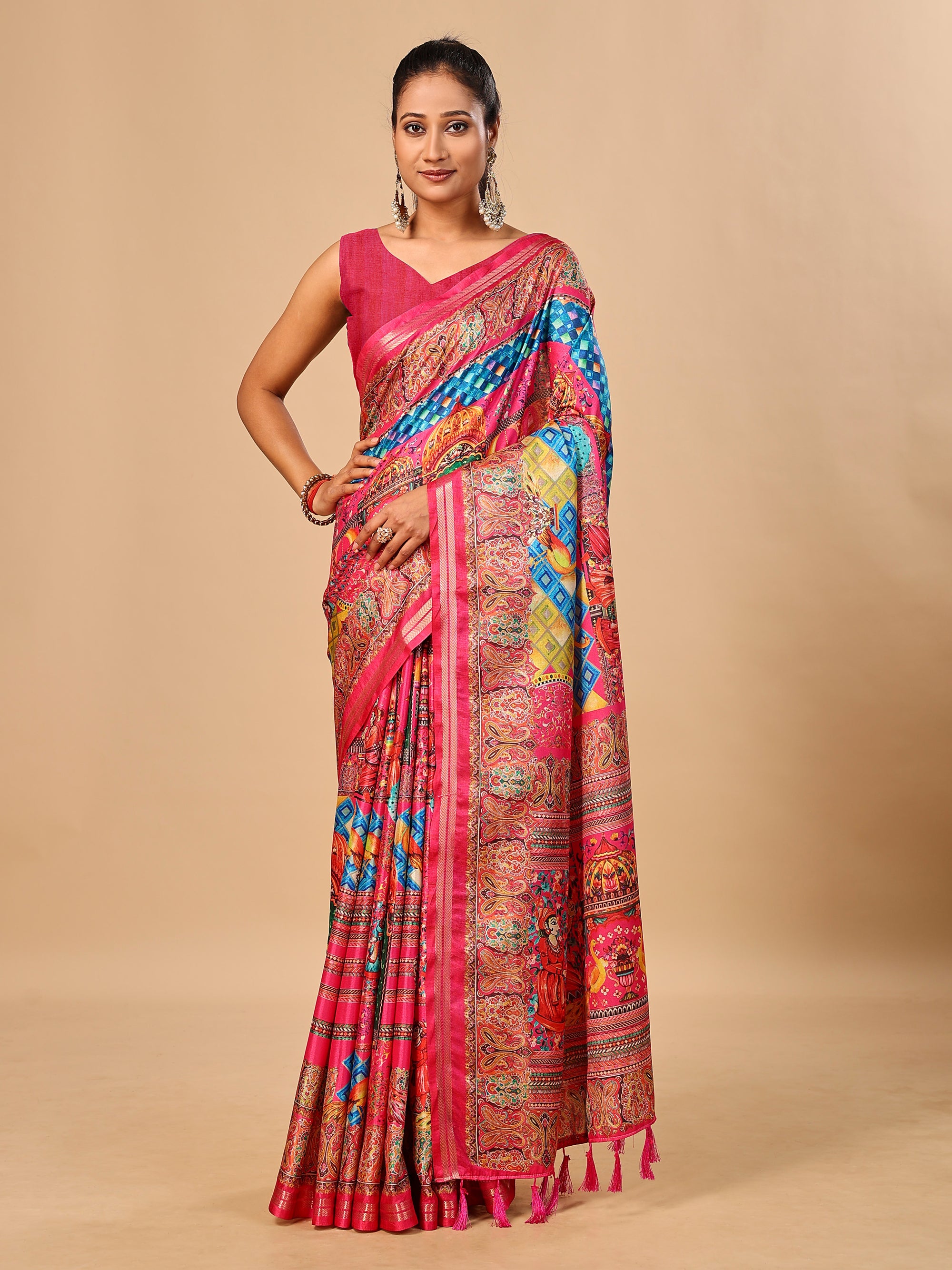 Hot Pink Soft Tussar Silk Saree with Position Pashmina Digital Prints