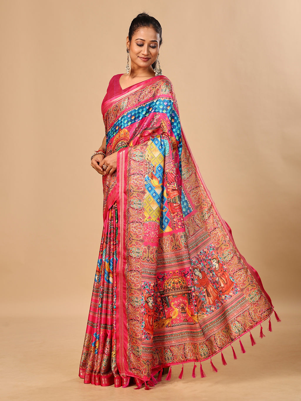 Hot Pink Soft Tussar Silk Saree with Position Pashmina Digital Prints