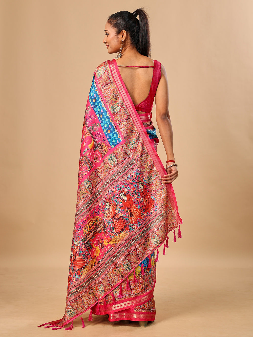 Hot Pink Soft Tussar Silk Saree with Position Pashmina Digital Prints