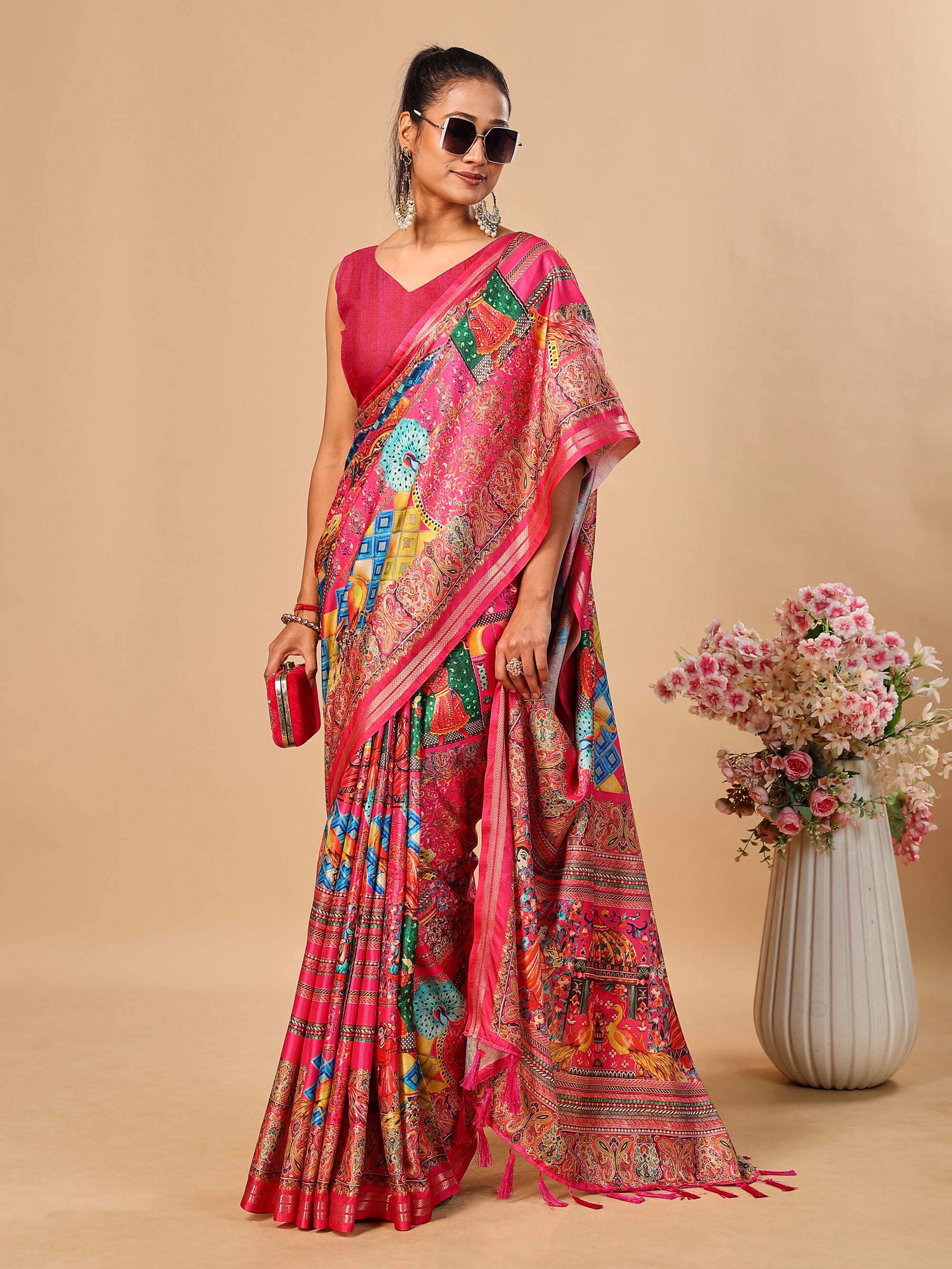 Hot Pink Soft Tussar Silk Saree with Position Pashmina Digital Prints