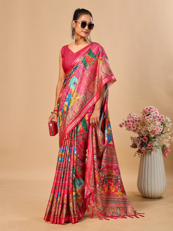Hot Pink Soft Tussar Silk Saree with Position Pashmina Digital Prints