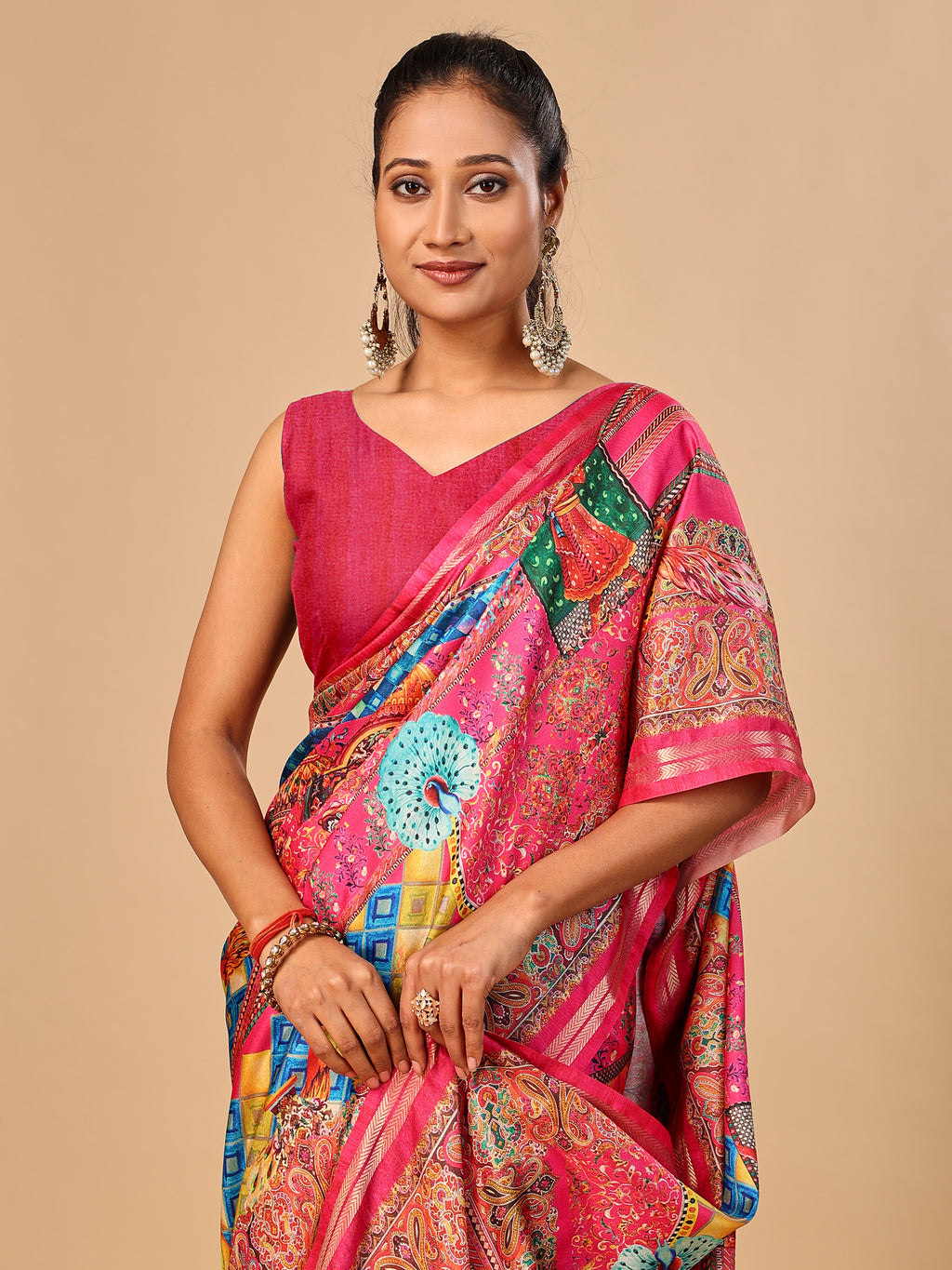 Hot Pink Soft Tussar Silk Saree with Position Pashmina Digital Prints