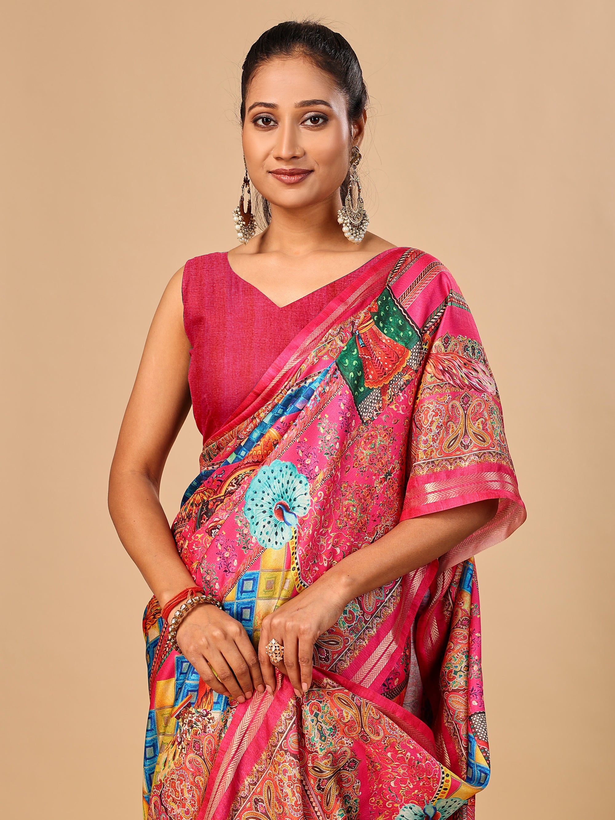 Hot Pink Soft Tussar Silk Saree with Position Pashmina Digital Prints