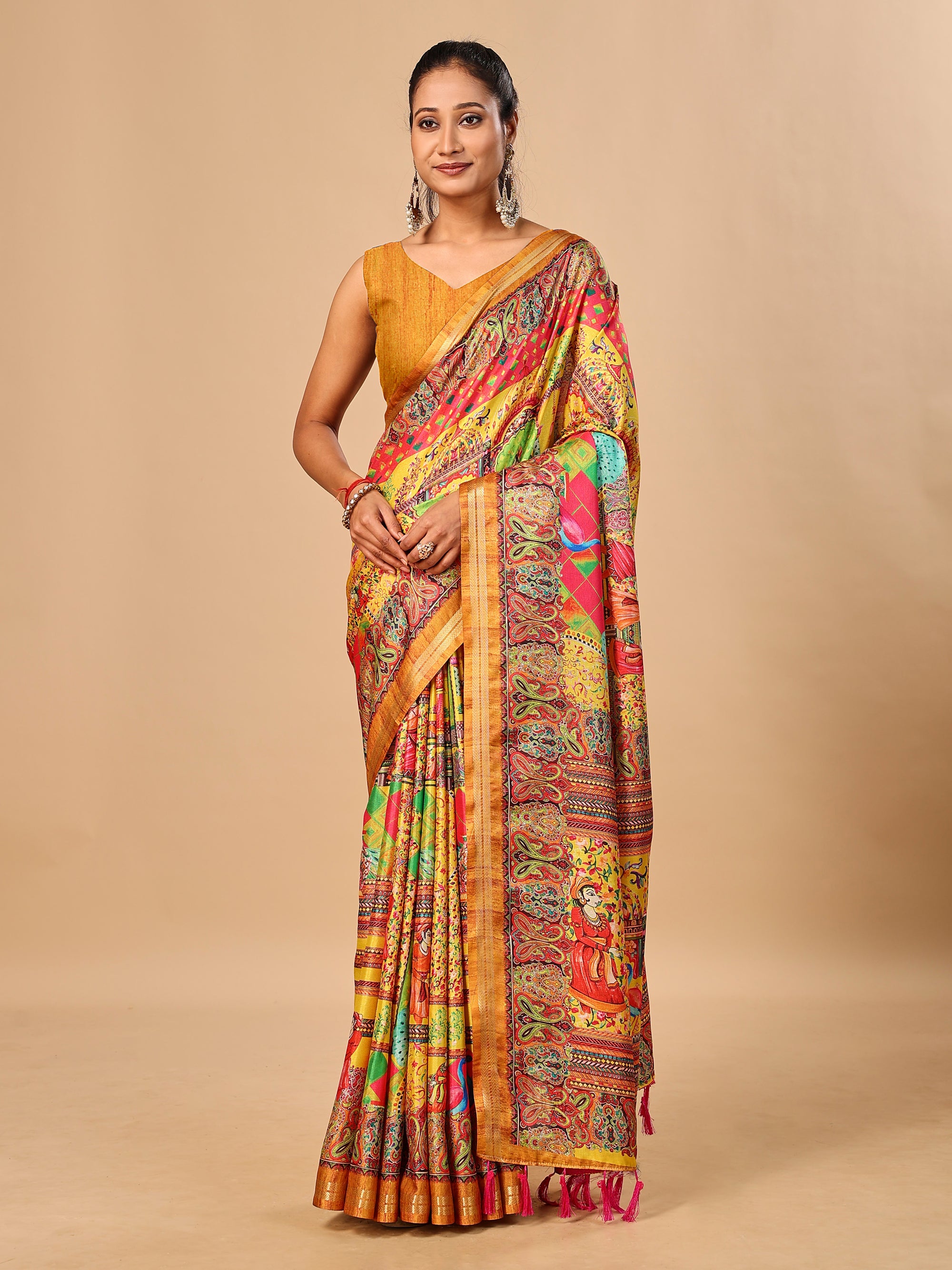 Mustard Soft Tussar Silk Saree with Position Pashmina Digital Prints