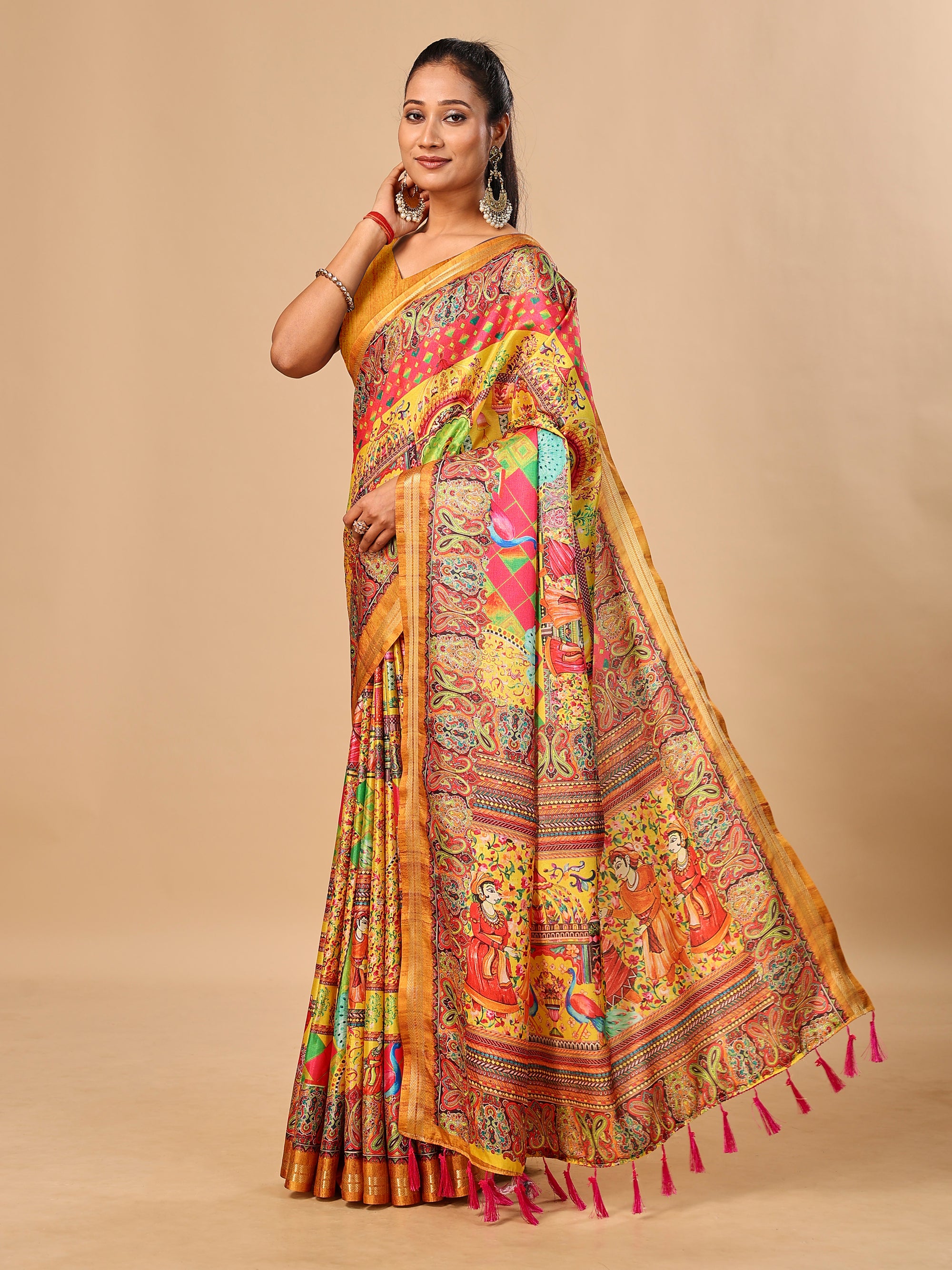 Mustard Soft Tussar Silk Saree with Position Pashmina Digital Prints