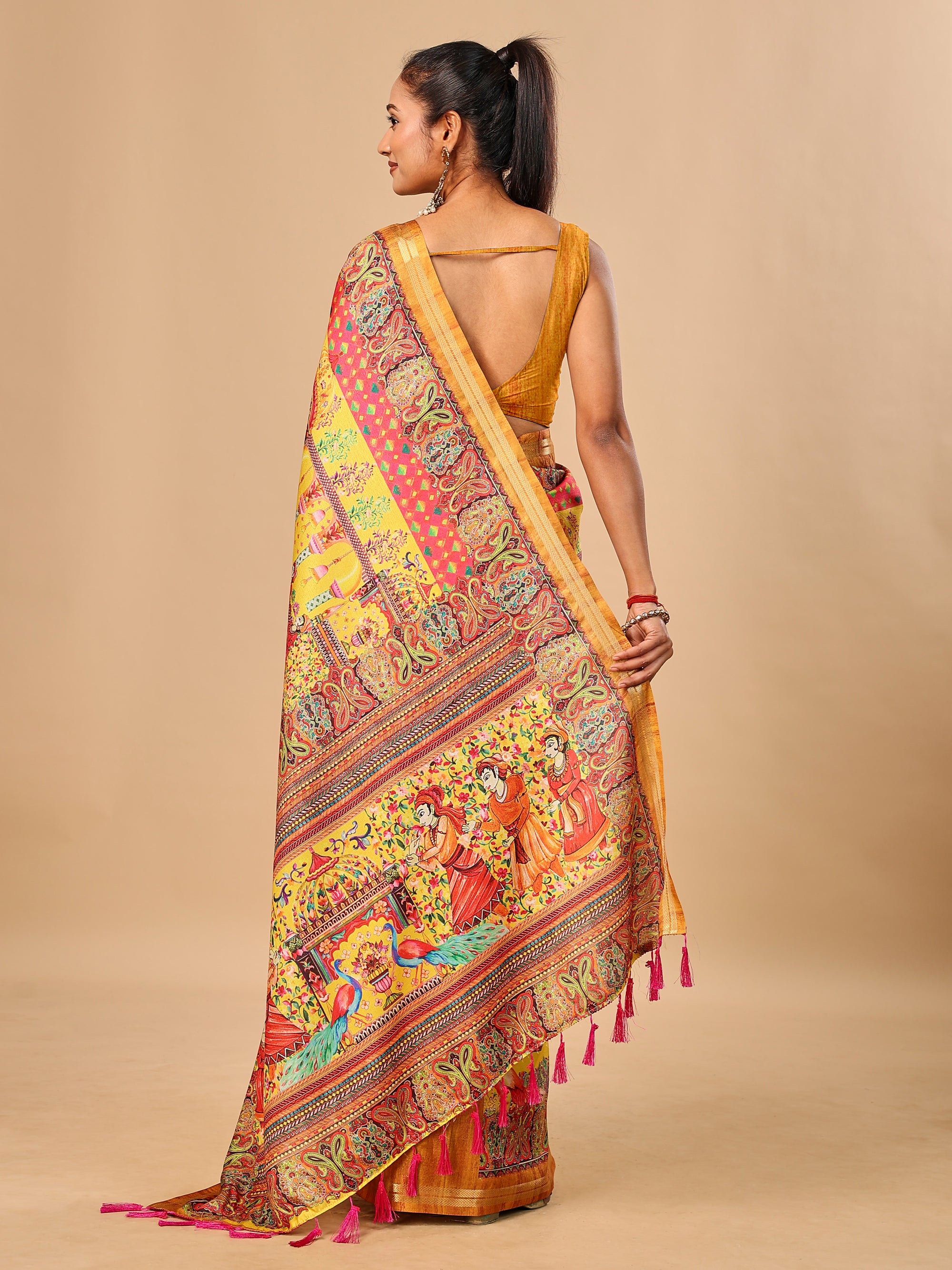 Mustard Soft Tussar Silk Saree with Position Pashmina Digital Prints