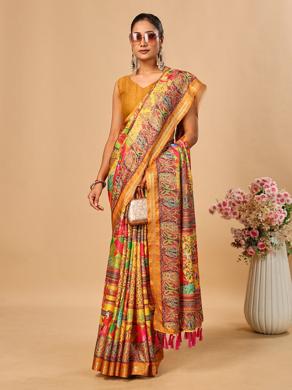 Mustard Soft Tussar Silk Saree with Position Pashmina Digital Prints