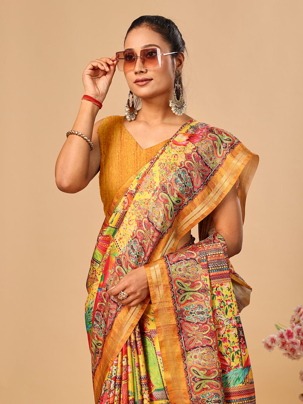 Mustard Soft Tussar Silk Saree with Position Pashmina Digital Prints