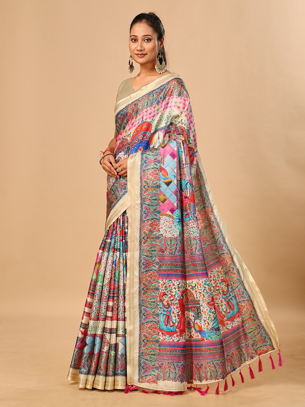 Cream Soft Tussar Silk Saree with Postion Pashmina Digital Prints